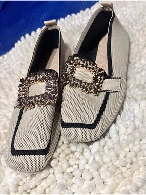 Beige Knit Loafers with Decorative Buckle - Women's Slip-On Flats